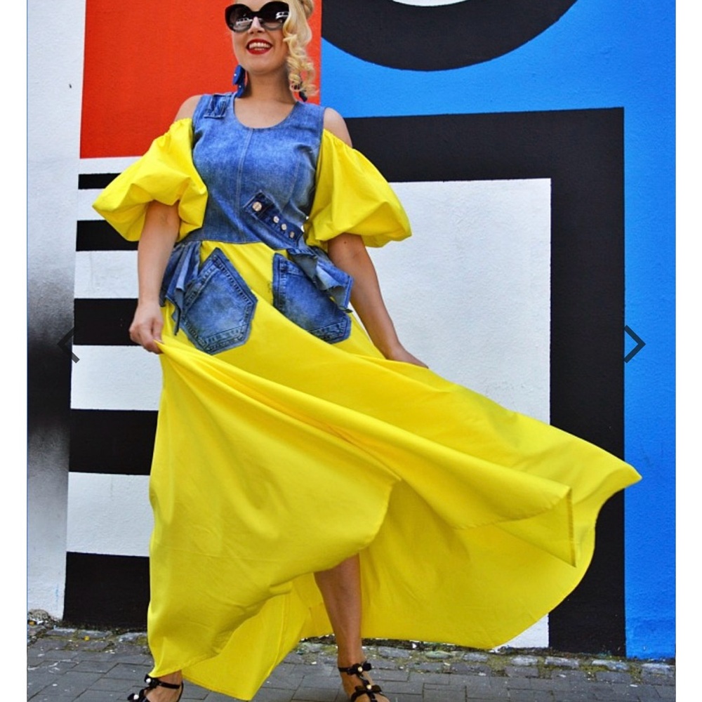 Bib Jean Long Dress With Pockets Tea Party Teyxo Yellow Flare Denim Patch work